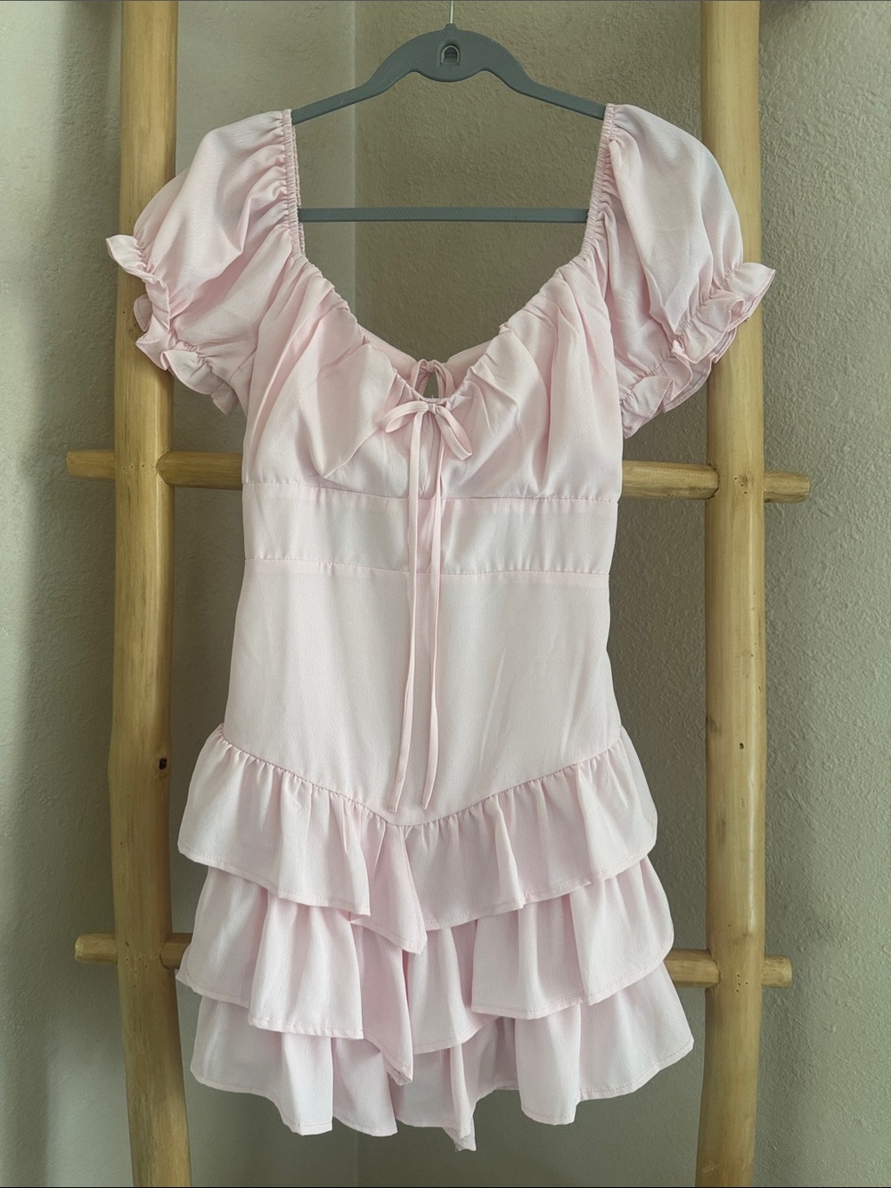 Soft Pink Ruffle Romper Pajama with Tie Front